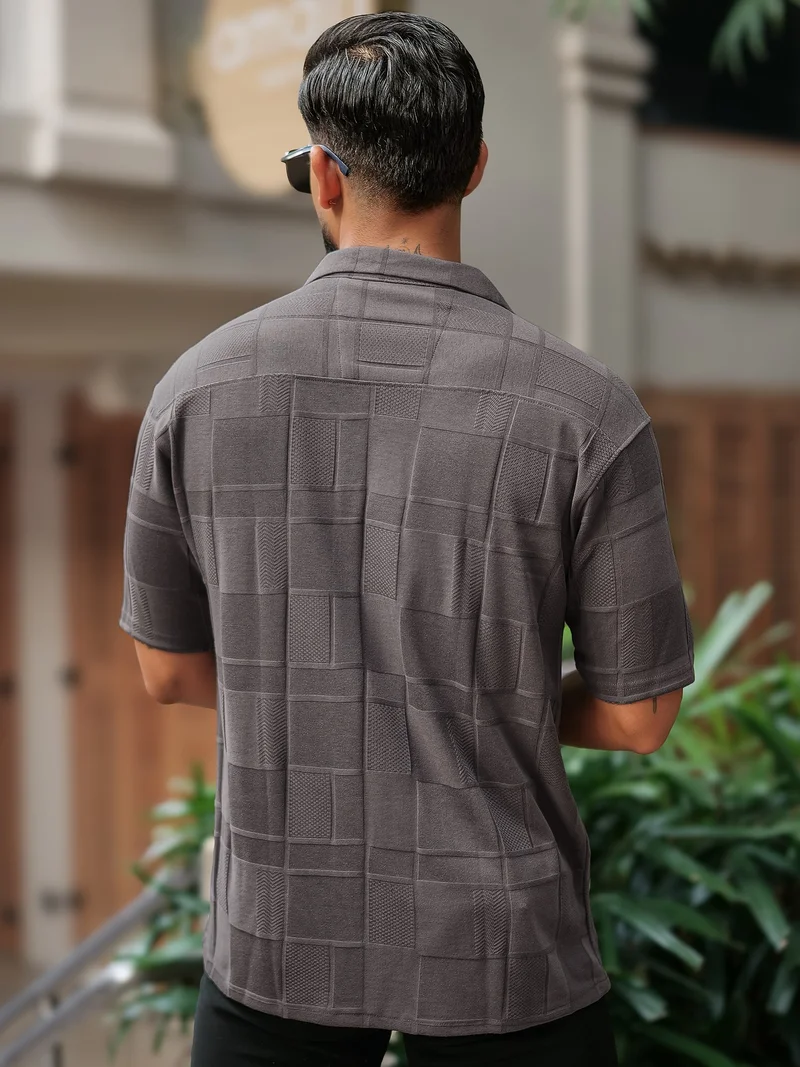 Maniac  Maniac Mens Solid Cubic Textured Knit Collared Neck Dark Grey Shirt for Men | Best Price UAE